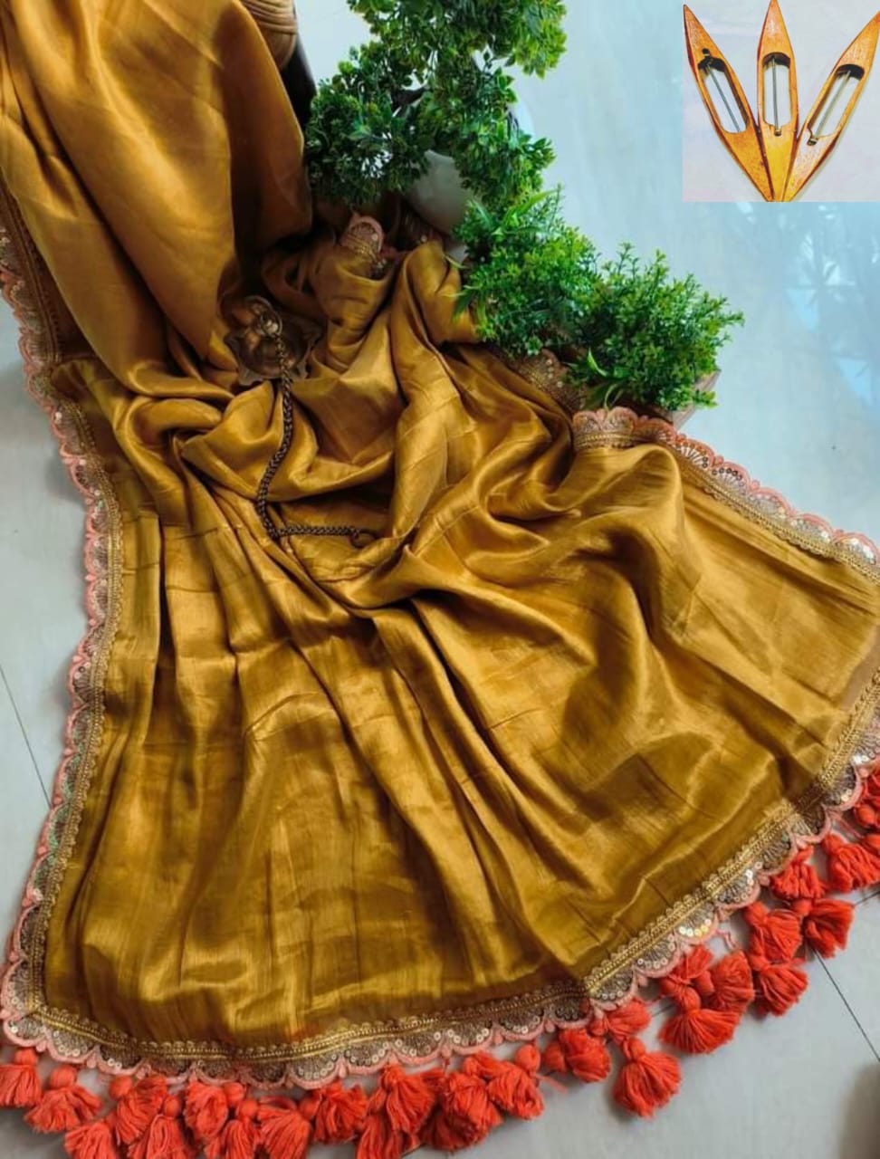 Pure Raga Tissue Silk Handcrafted Saree in Antique Mustard Gold with Designer Scalloped Border & Coral Tassel Pallu | Premium Festive, Wedding & Party Wear | Free Size | No Blouse Piece
