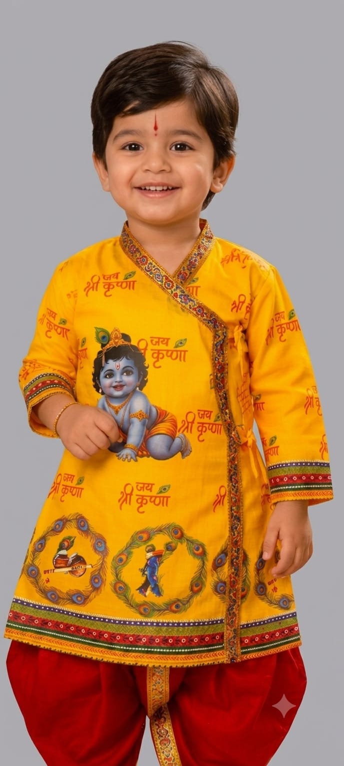 Baby Boy Krishna Kurta Dhoti Set – Yellow Printed Traditional Ethnic Wear for Janmashtami - 21067