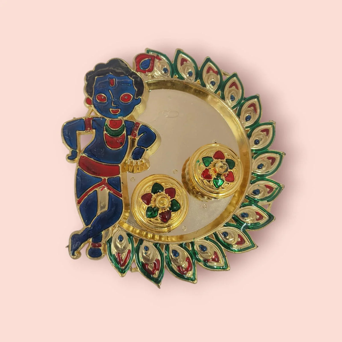 Traditional Handcrafted Gold Plated Plastic Thali Haldi kumkum Chandhan Holder Plate with Lid for Pooja {Random Design} - 11351