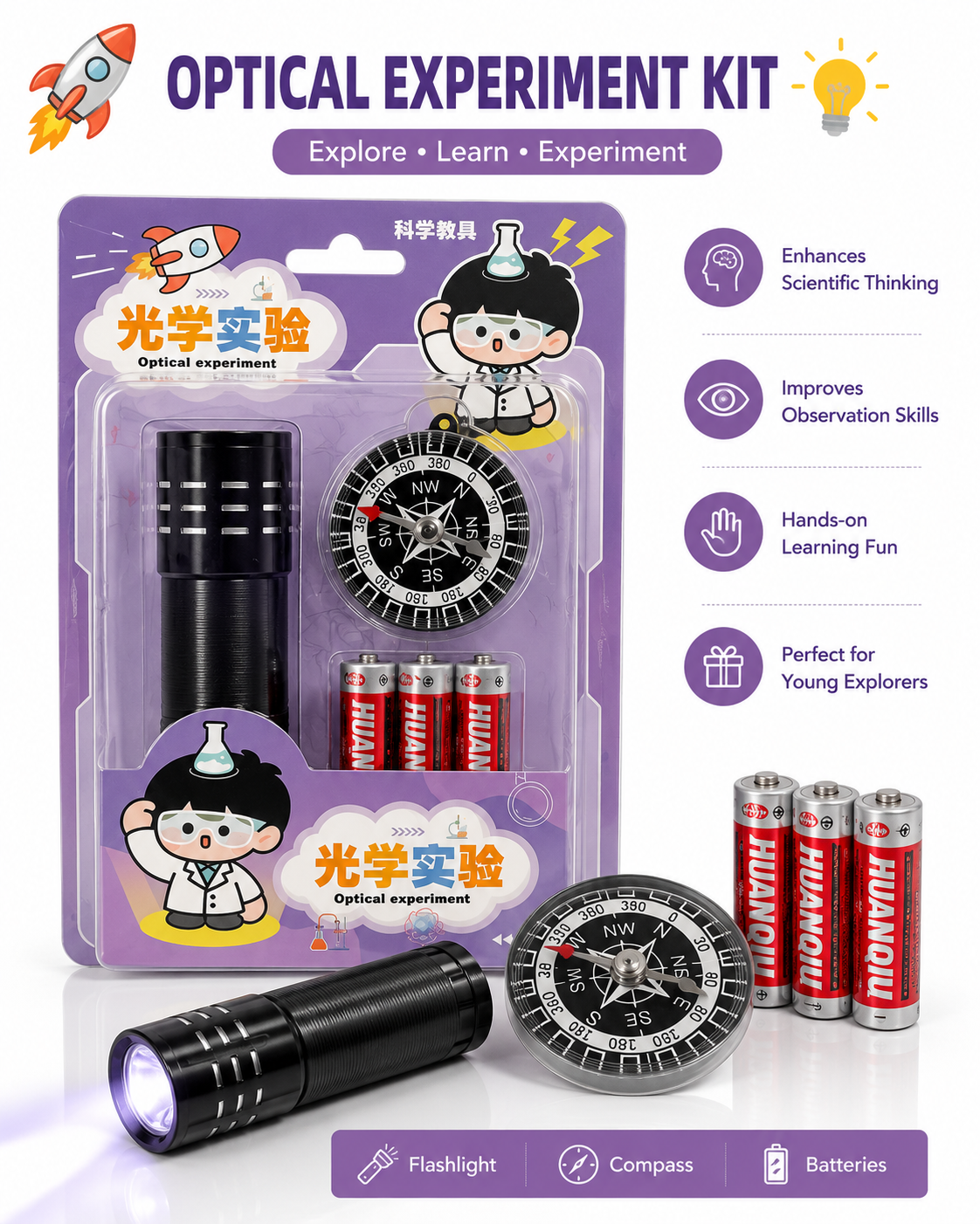 Optical Experiment Kit, Science Kit for Kids, STEM Learning Toy, Educational Science Toy, Flashlight Kit, Compass Toy, Science Activity Kit, Kids Learning Set - 20849