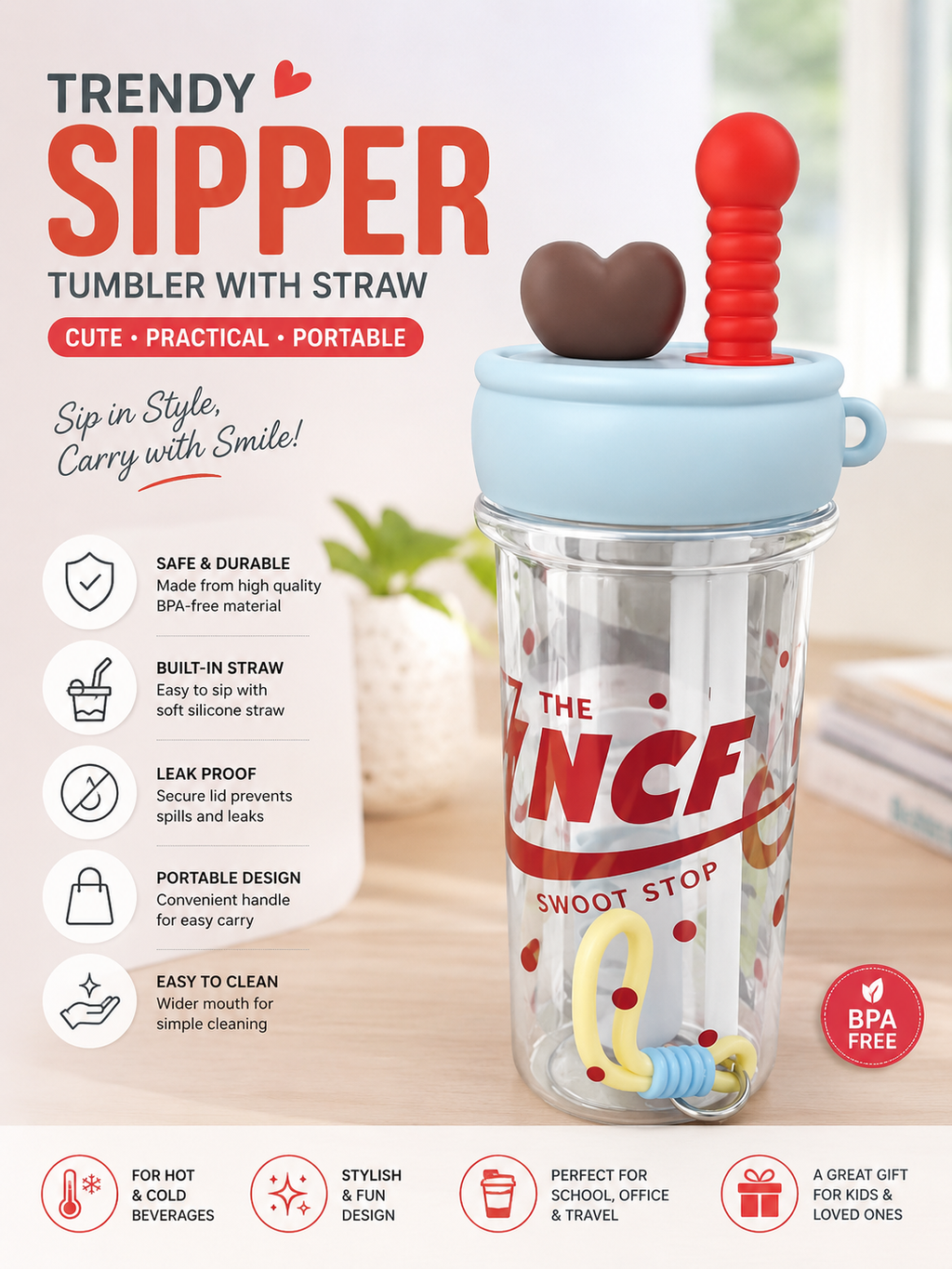 Cute Kids Sipper Tumbler with Straw | BPA Free Leakproof Water Bottle | Portable Drinking Cup for School, Travel & Daily Use {Random Color}34 - 20734