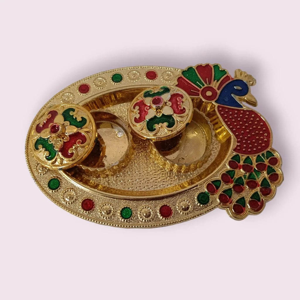 Peacock Oval Tikka Thali | Exquisite Handcrafted Plate for Rituals & Festivities | - 11354