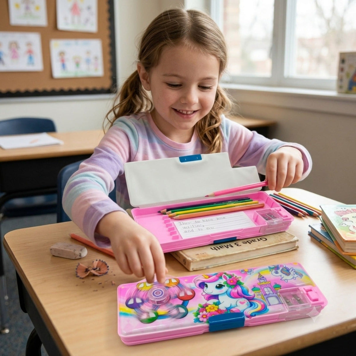 Plastic Multifunctional Lock with Spinner Pencil Box for Kids {Random Design} - 1881789