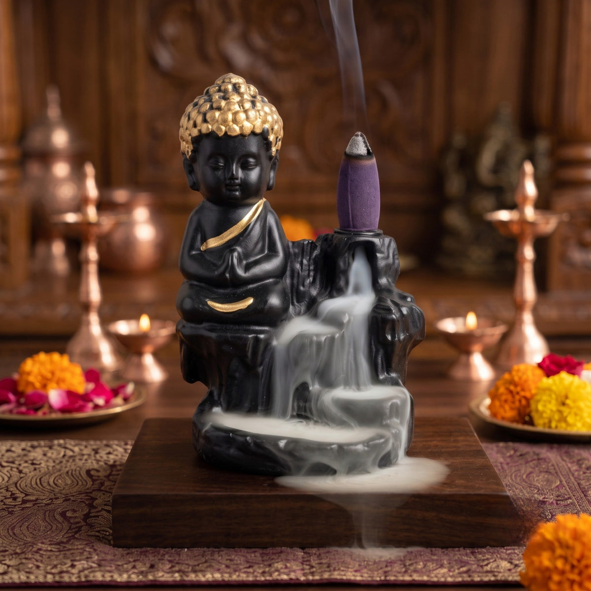Black Golden Meditating Monk Buddha Statue Smoke Backflow Incense Holder with Incense Cones Showpiece for Home Decor Living Room Office Gift - 21097