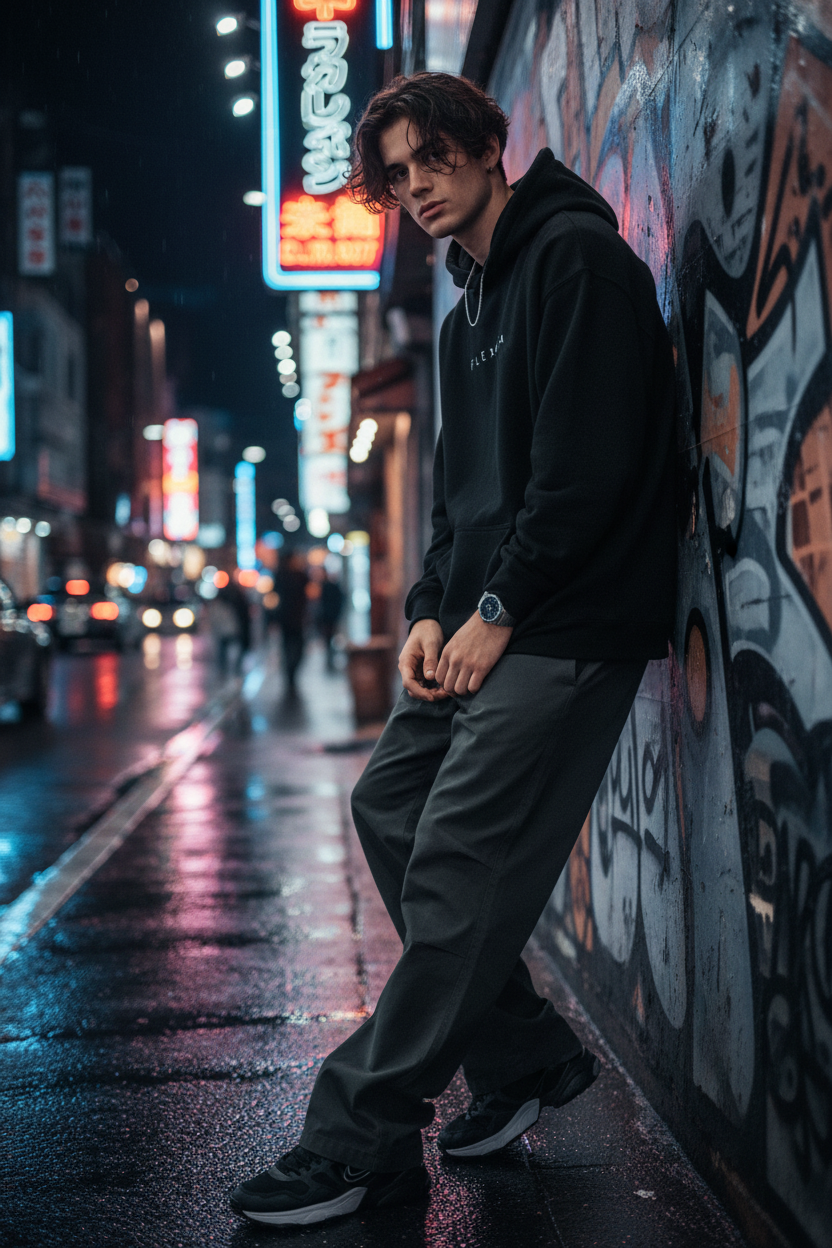 Flexora Black Hoodie - Neon Street