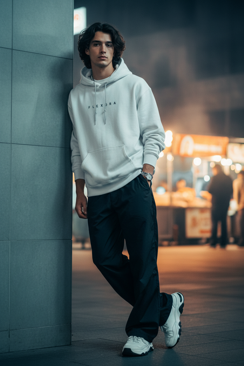 Flexora White Hoodie - Night Market