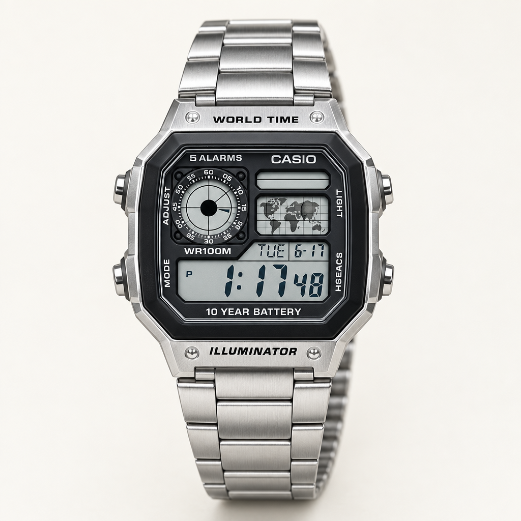 Front-facing watch on an off-white background