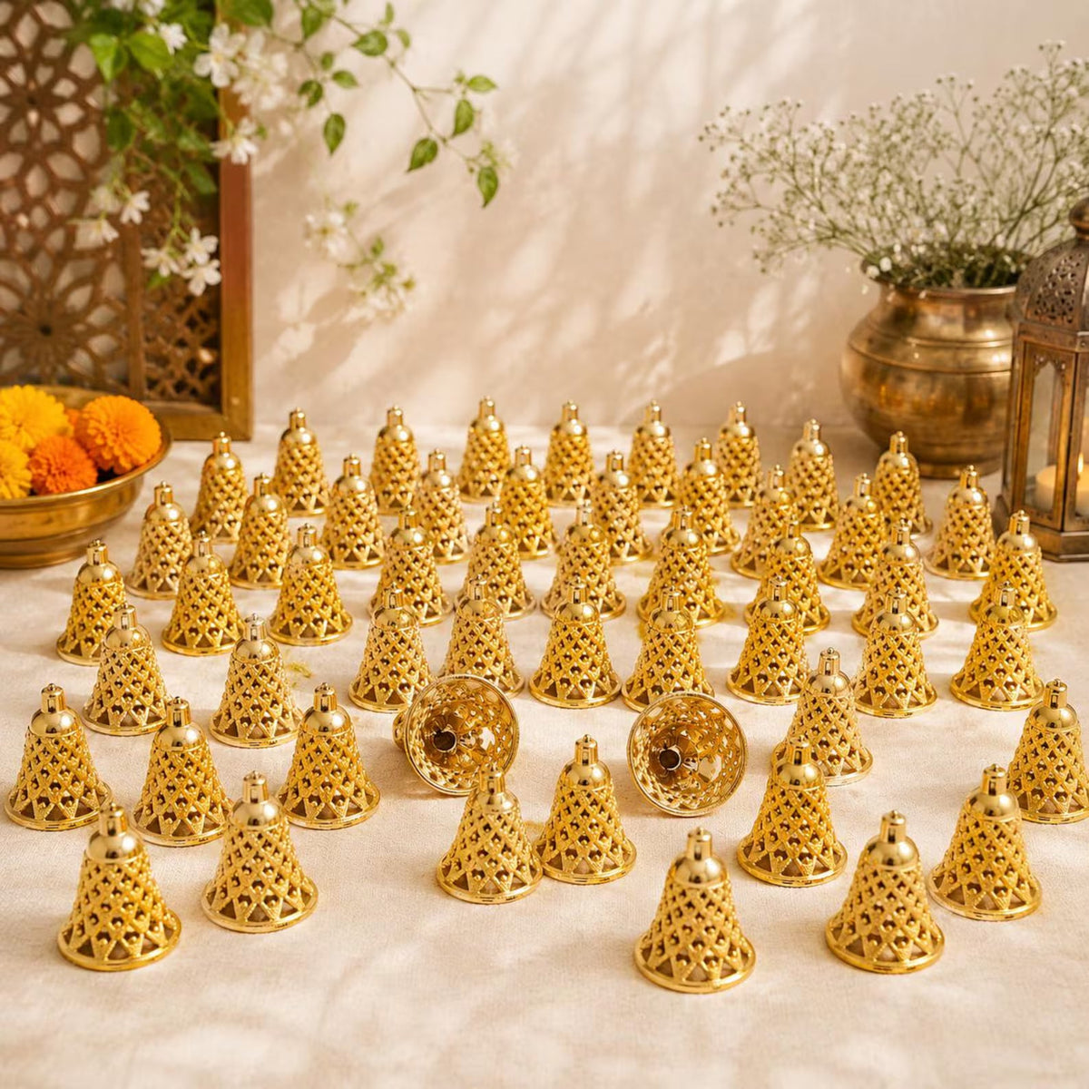 Plastic Jingle Bells Set of 50 Large Gold Hanging Christmas Tree Ornaments DIY Craft Holiday Decorations - 21071