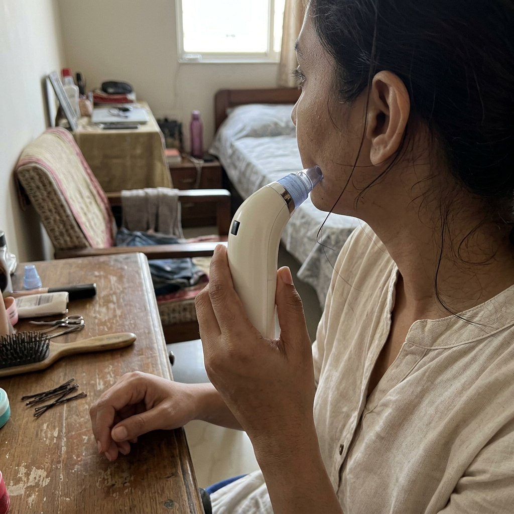 AI-generated candid home-use scene with the ivory pore-cleaning device