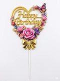 [pack of 10]Golden Heart Floral Happy Birthday Cake Topper - 21177