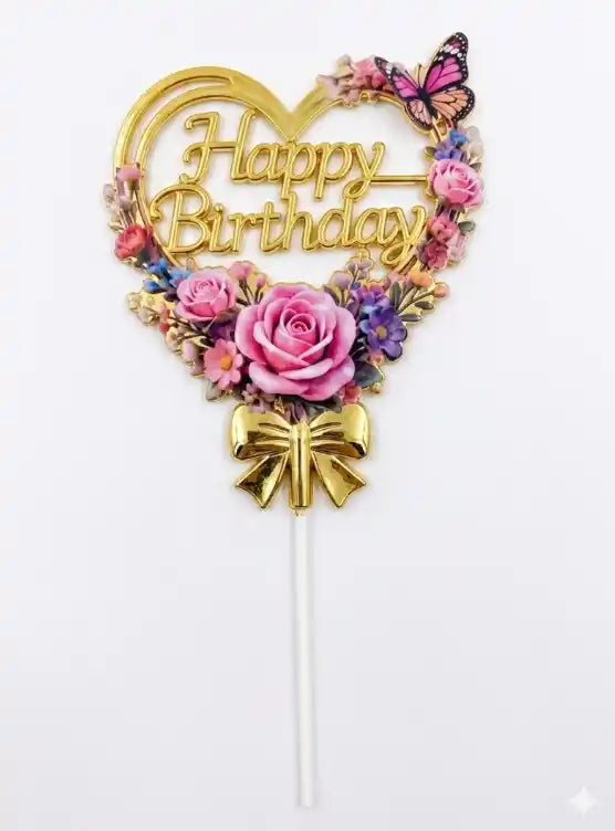 [pack of 10]Golden Heart Floral Happy Birthday Cake Topper - 21177