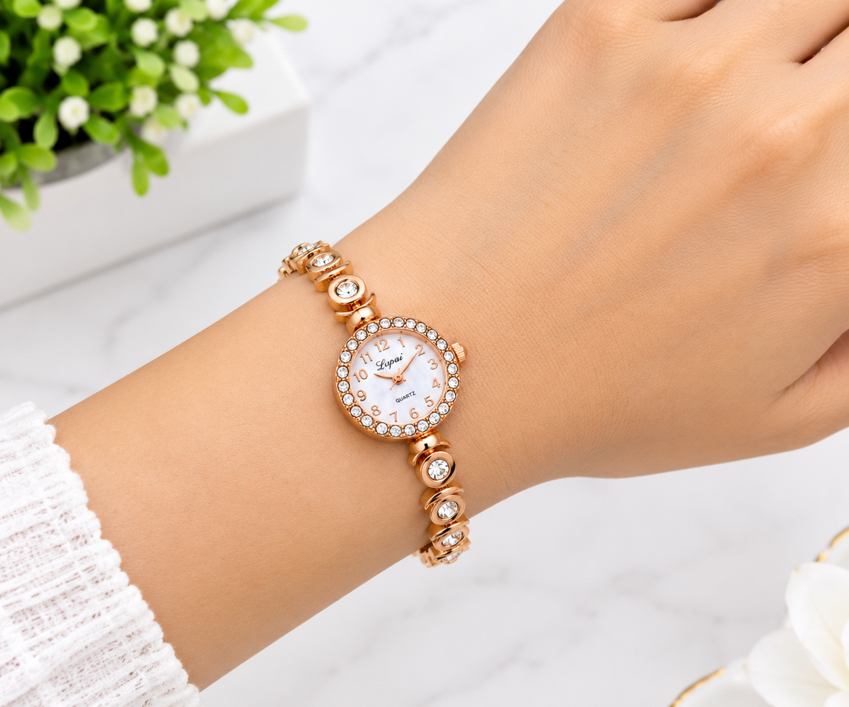 Random Design Rose Gold Plated Bracelet Watch for Women with Crystal Accented Link Strap - 21242