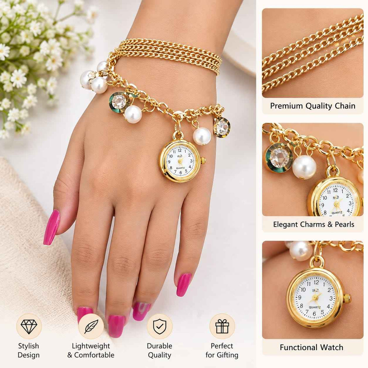 Stylish  pearl bracelet style watch with for Girls - 21243