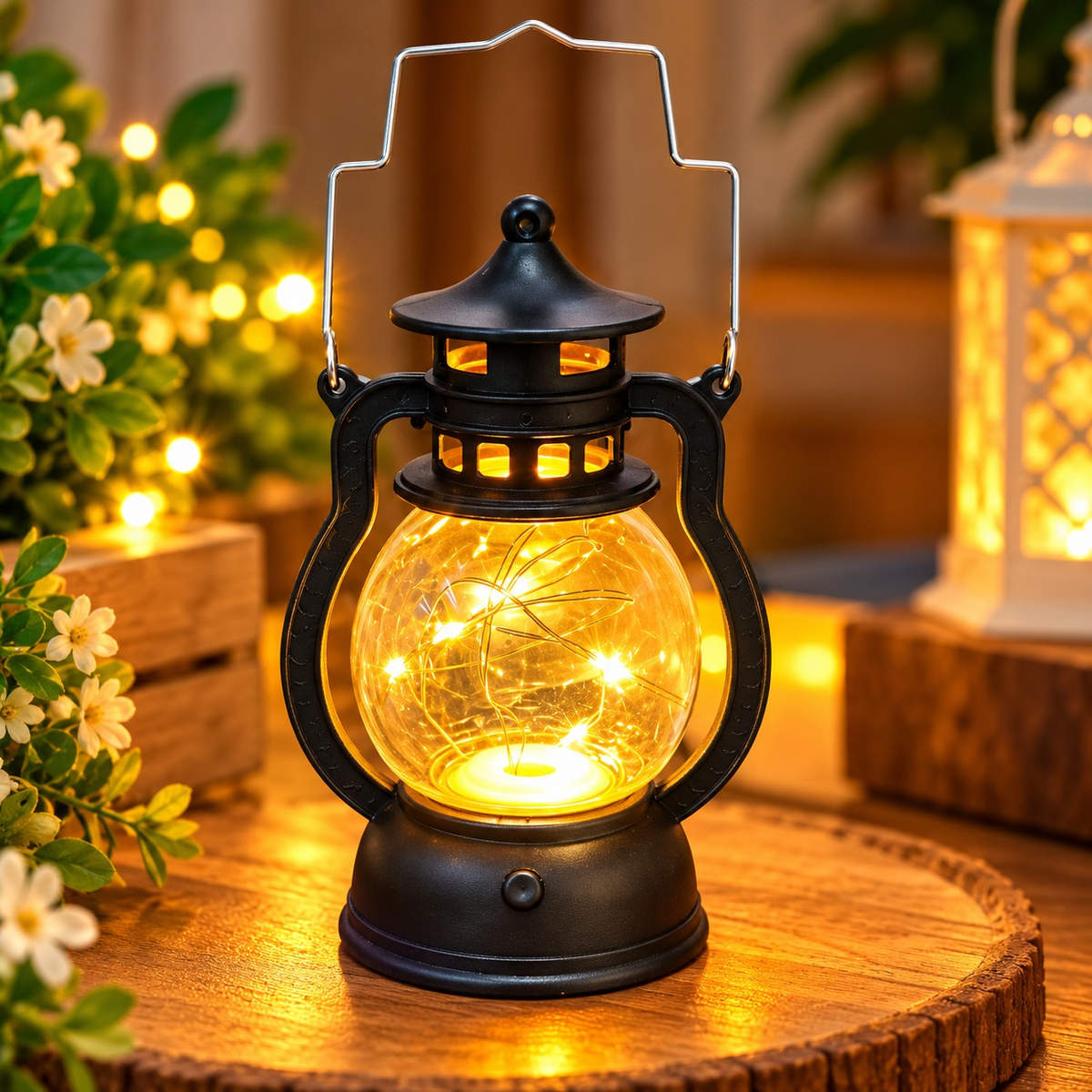 Black decorative lantern glowing with warm fairy lights on a wooden surface