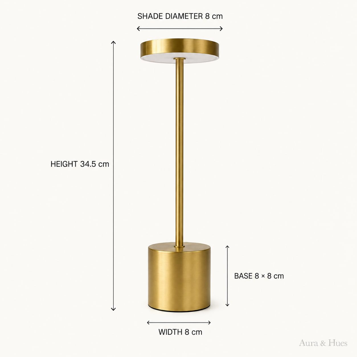 Table lamp dimensions showing 34.5 cm height and 8 cm shade diameter