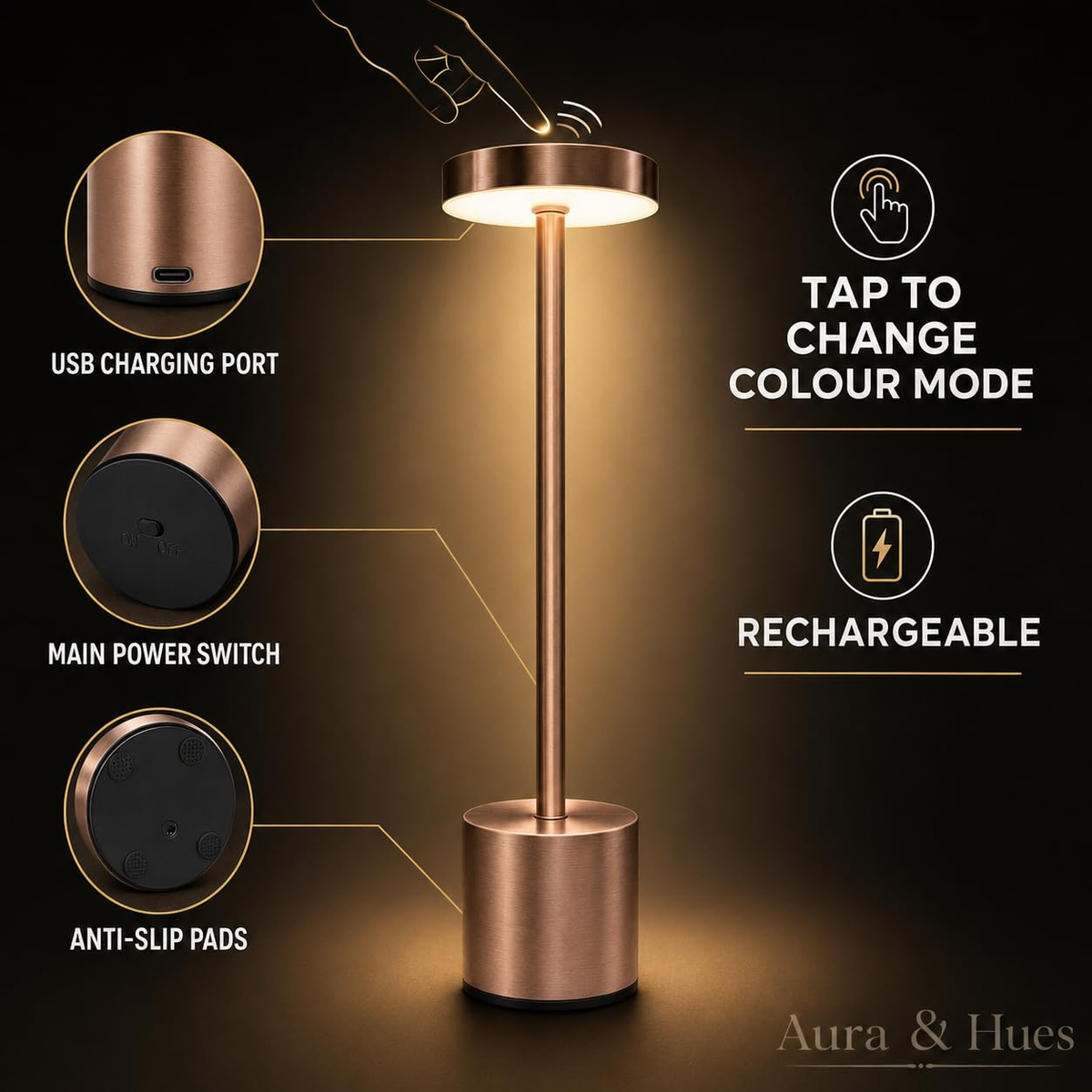 Table lamp feature diagram showing touch control, USB charging port, power switch and anti-slip pads