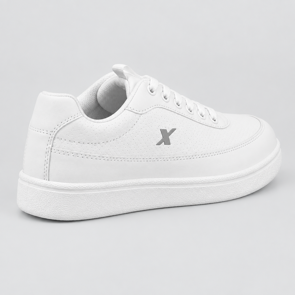AI-generated rear three-quarter view of white low-top sneaker