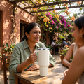 AI-generated café lifestyle image of a woman holding the white tumbler