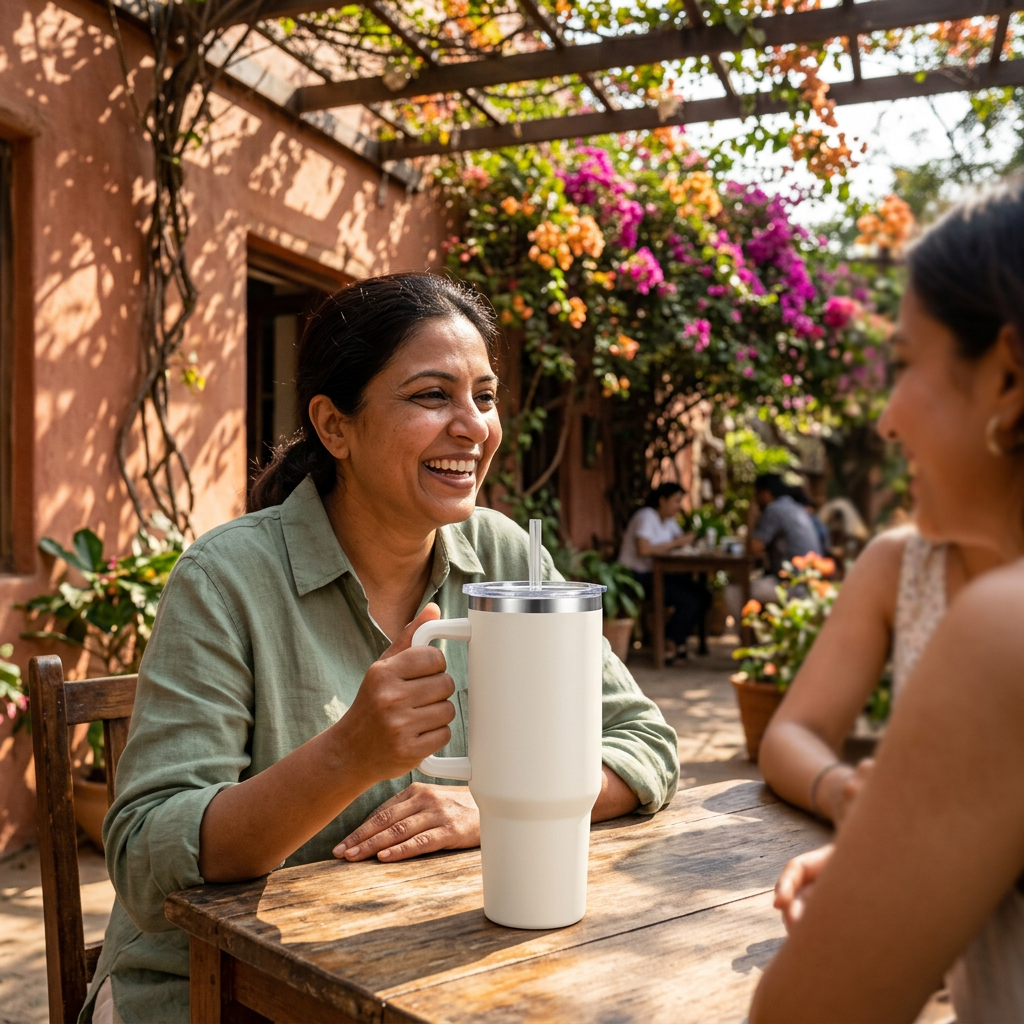 AI-generated café lifestyle image of a woman holding the white tumbler