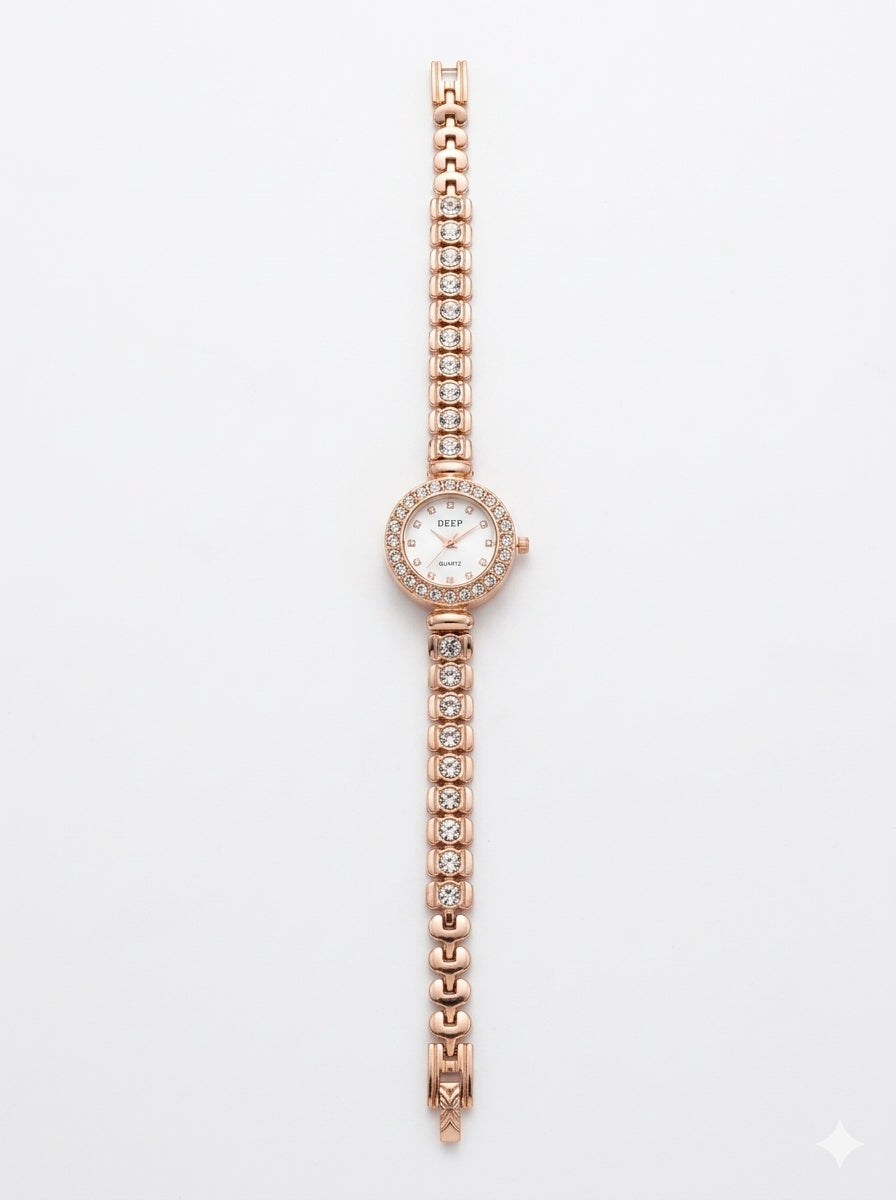 Random Design Rose Gold Plated Bracelet Watch for Women with Crystal Accented Link Strap - 21242