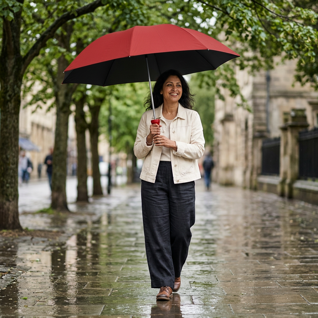 AI-generated lifestyle image of a woman holding the red umbrella outdoors