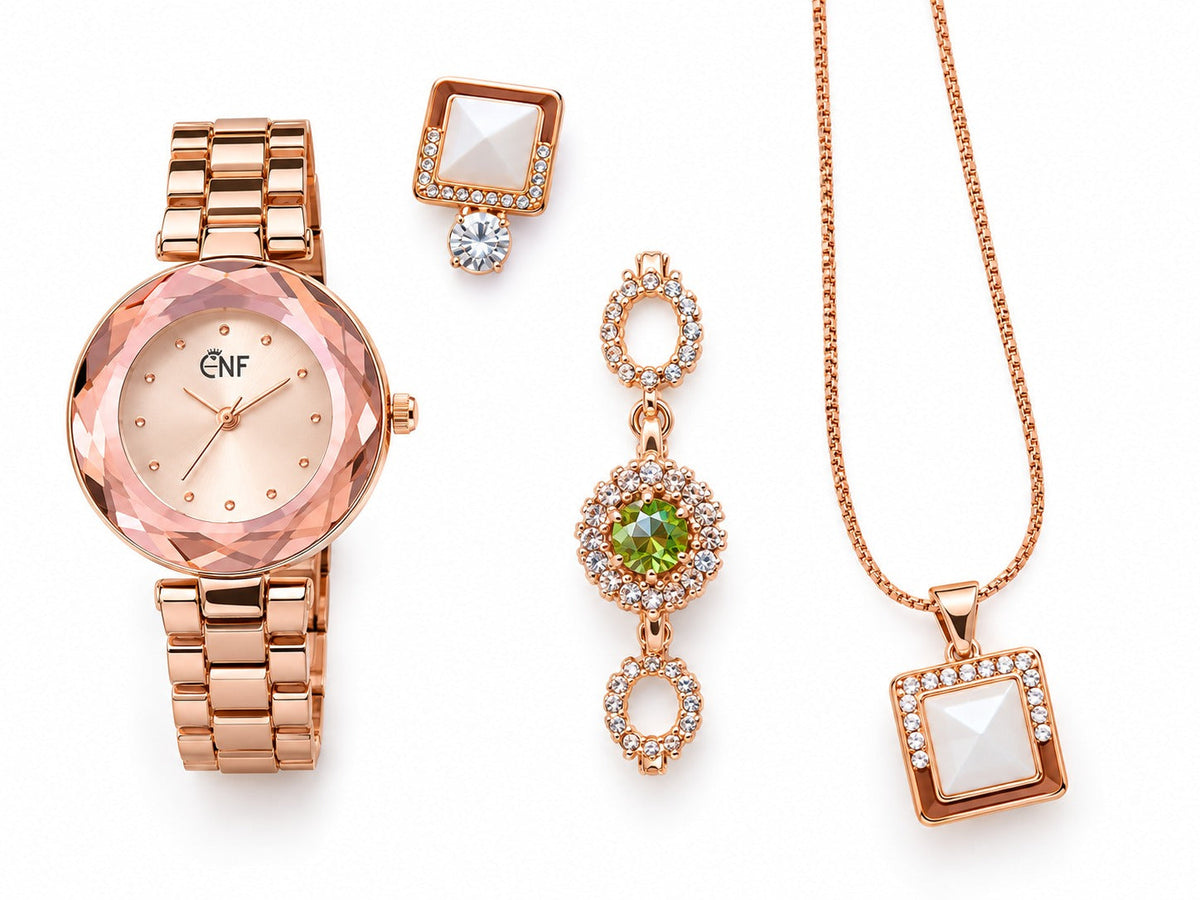 Rose Gold Elegant Jewellery Set – Watch, Earrings & Pendant - 21275