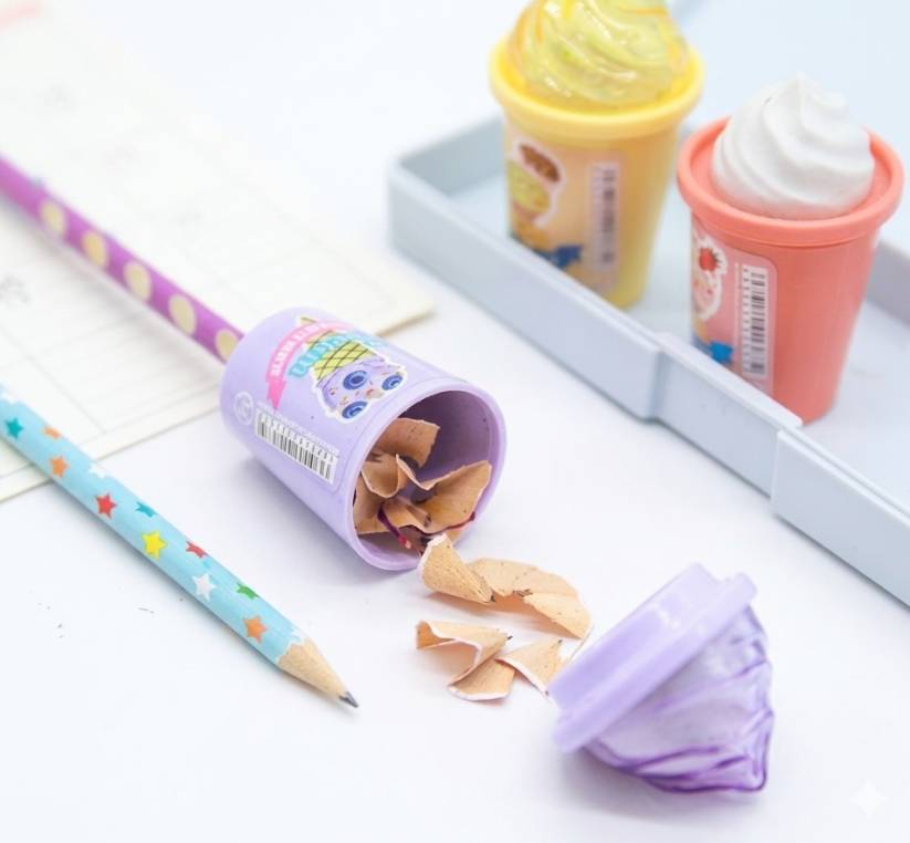 The image displays three ice-cream-shaped pencil sharpeners alongside colorful pencils on a clean - 21174