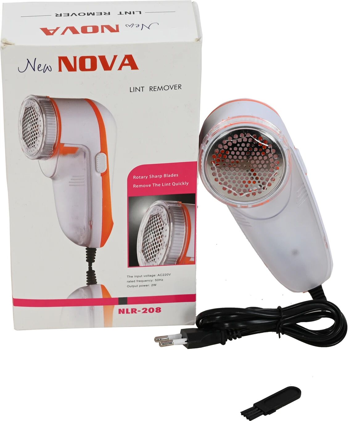 Nova NLR-208 electric lint remover front view with box and cleaning brush