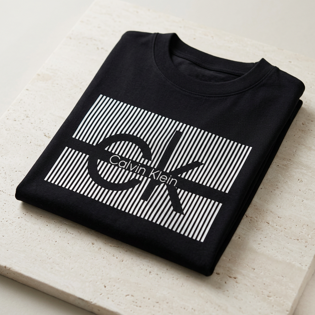 AI-generated folded detail of the black graphic T-shirt