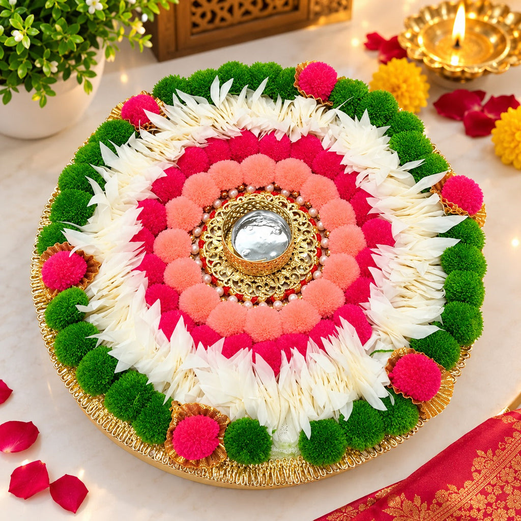 Giant Rangoli Mat, , Handworked Bunti, Vibrant Colours, MDF, Re-usable and Portable, Alternatively Used as Puja Thaali - 21369