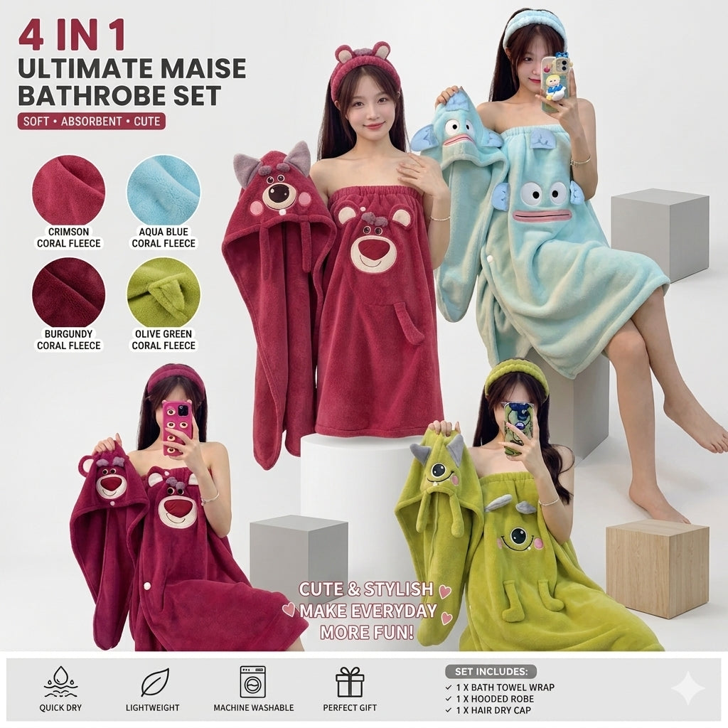 [PACK OF 4]  Fleece Bathrobe & Towel Wrap Set 4 - 21199