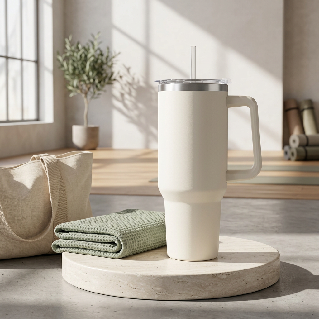 AI-generated fitness-studio still life of the white tumbler