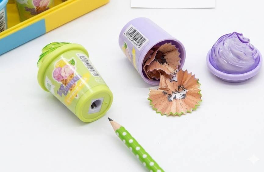 The image displays three ice-cream-shaped pencil sharpeners alongside colorful pencils on a clean - 21174