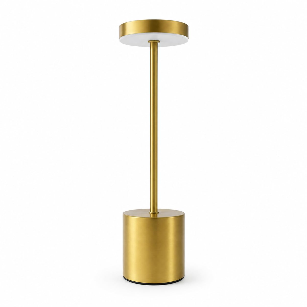 Gold-tone table lamp with a slim stem and round shade on a white background