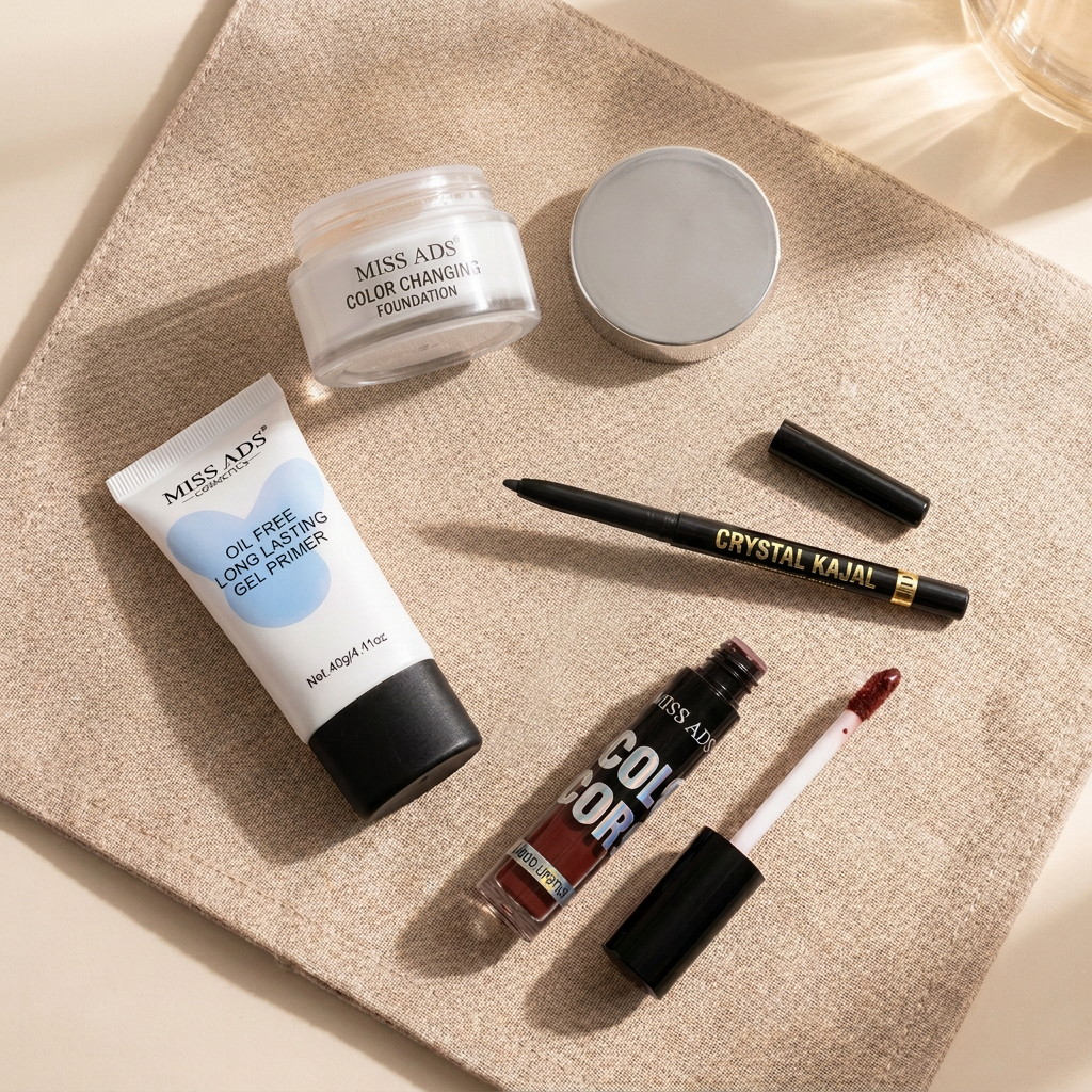 AI-generated flat lay of MISS ADS foundation, primer, liquid lipstick and kajal