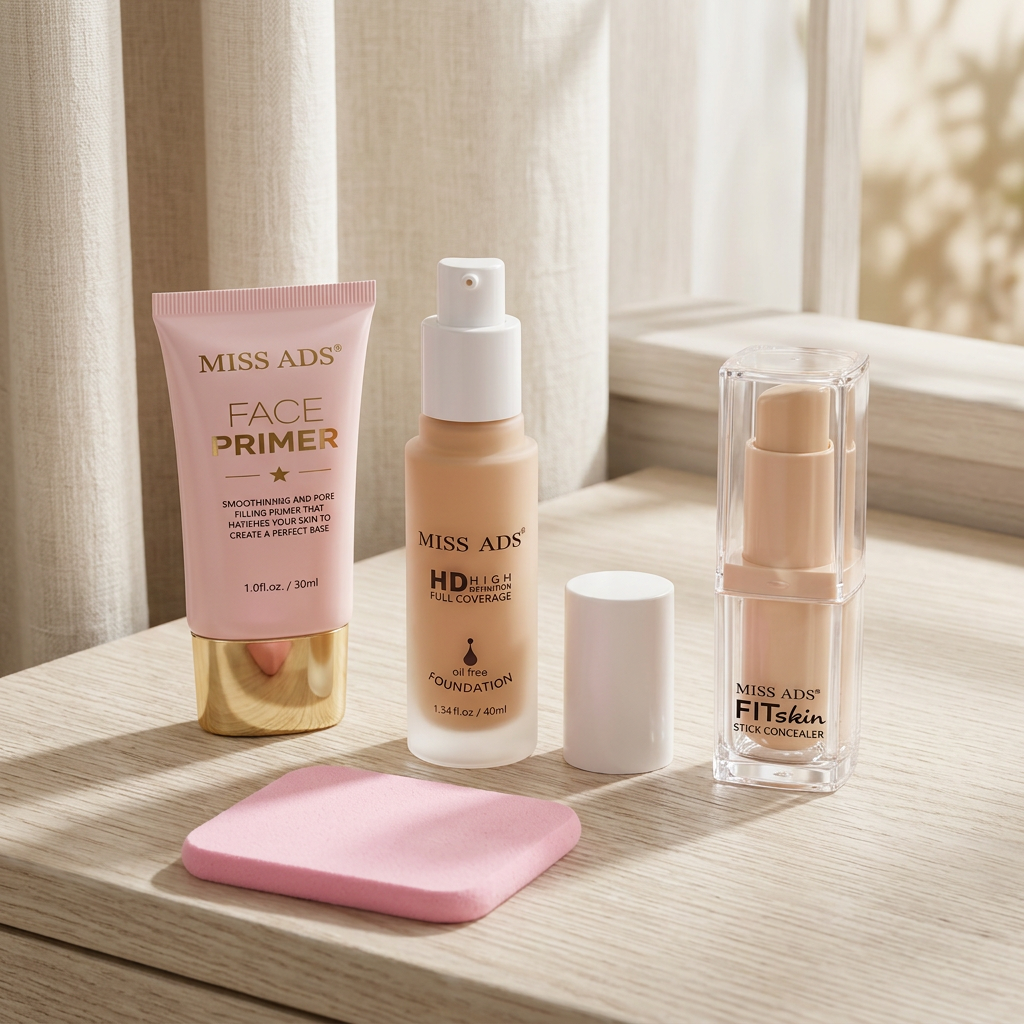 AI-generated vanity illustration of MISS ADS primer, foundation, concealer and pink blender