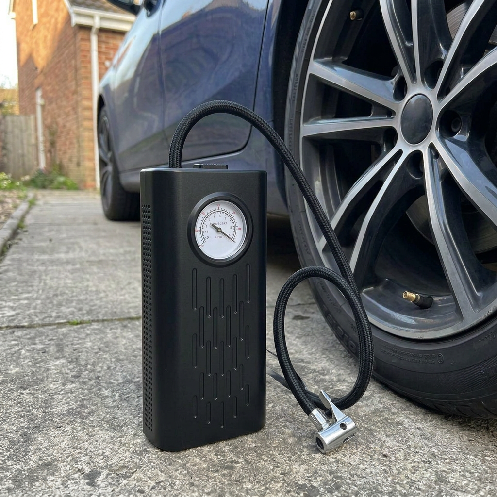 AI-generated illustration of the analogue tyre inflator beside a parked car wheel with hose disconnected