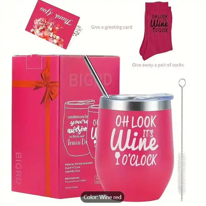 Steel Vacuum Insulated Red Wine Glass with Push Pull Water Cover, Stainless Steel Straw, Straw Brush, - 21176