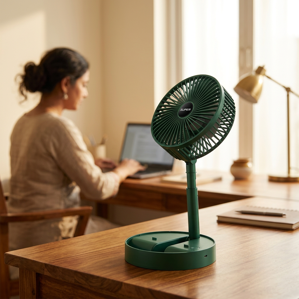 AI-generated home office scene featuring the green rechargeable table fan