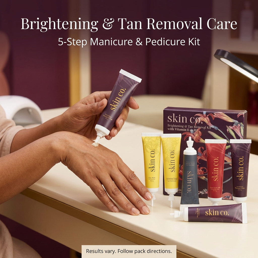 AI-generated Skin Co. hand-care scene with Brightening and Tan Removal Care messaging