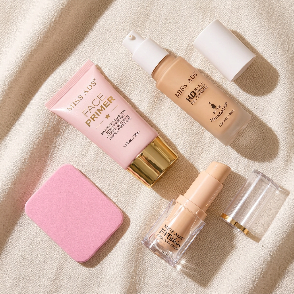 AI-generated flat lay of the four-piece MISS ADS base makeup combo
