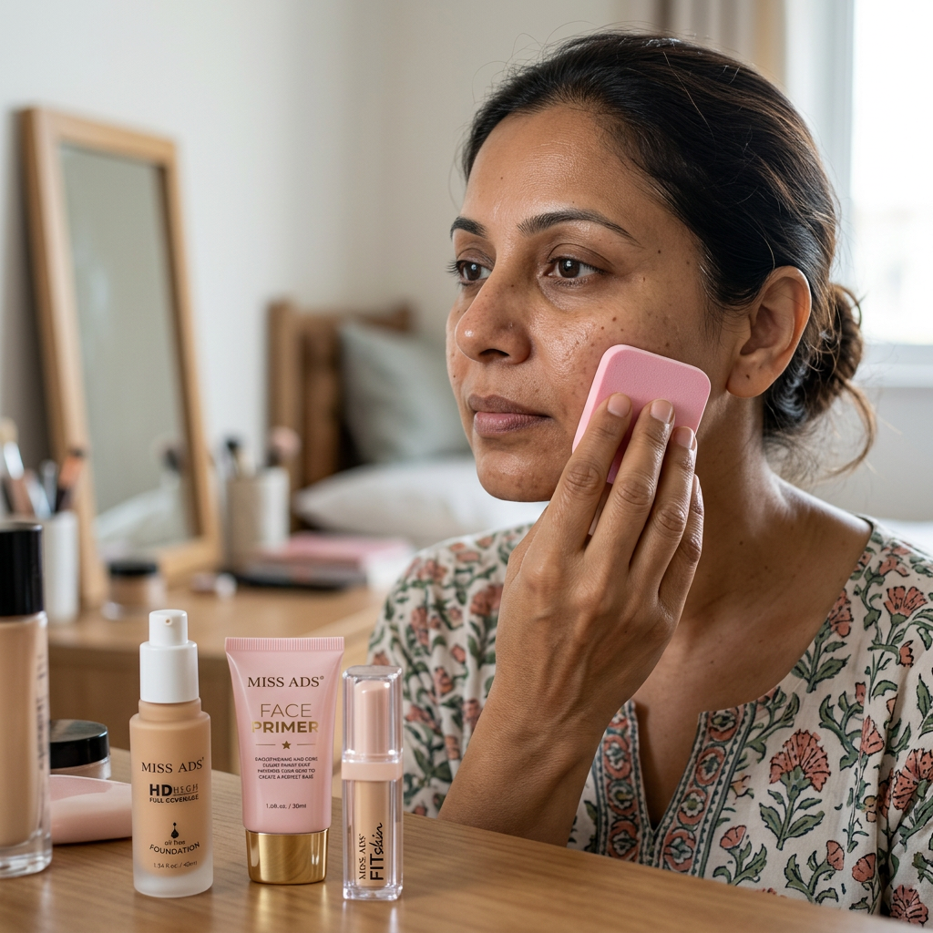 AI-generated lifestyle illustration of face makeup application with the pink square blender