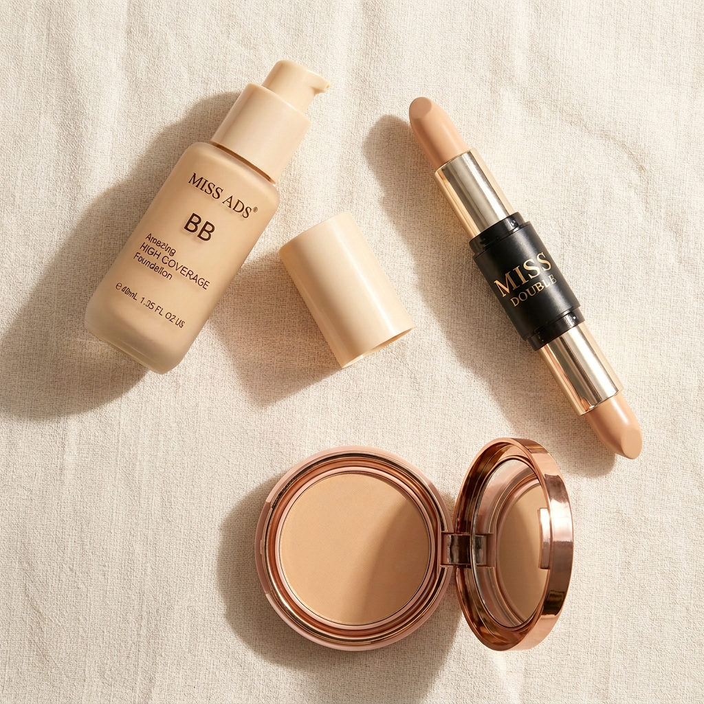 AI-generated flat lay of the three-piece MISS ADS makeup combo