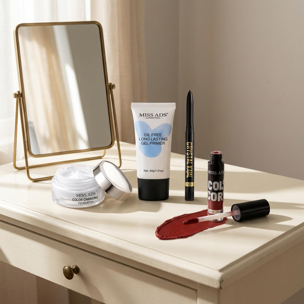 AI-generated illustration of the four MISS ADS cosmetics on a daylight vanity