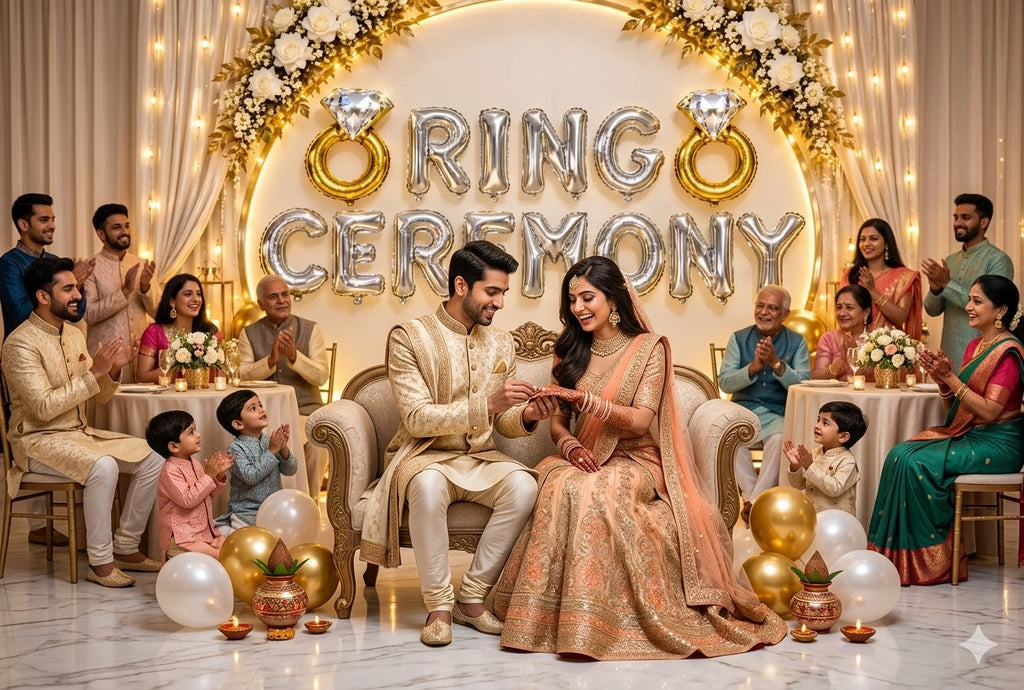 Ring Ceremony backdrop features a stunning arrangement of foil balloons, floral accents, and warm - 21262