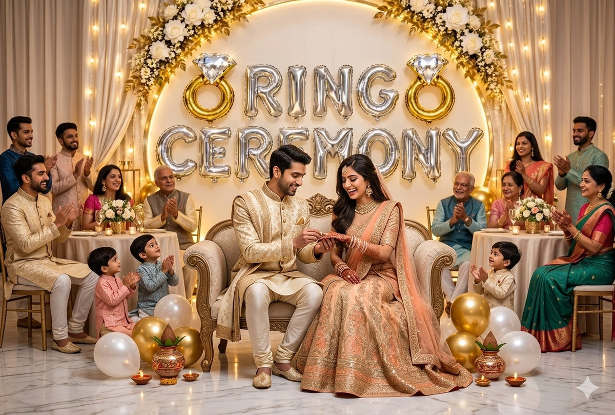 Ring Ceremony backdrop features a stunning arrangement of foil balloons, floral accents, and warm - 21262