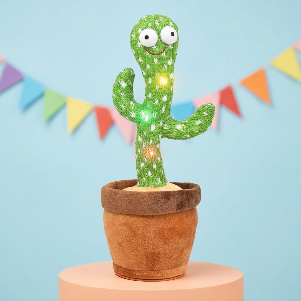 AI-generated studio image of the cactus toy against a colourful party backdrop