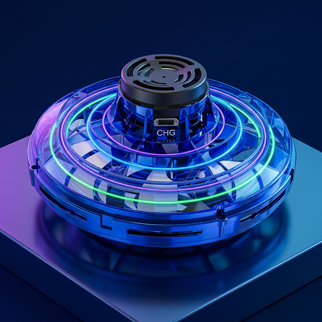 AI-generated studio scene featuring the illuminated blue gyro spinner