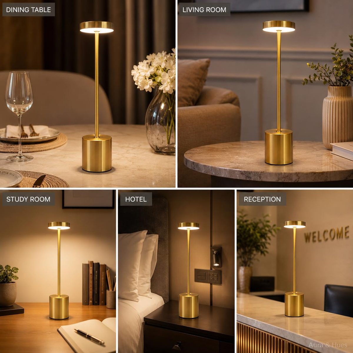 Gold-tone table lamp styled in dining, living, study, hotel and reception settings