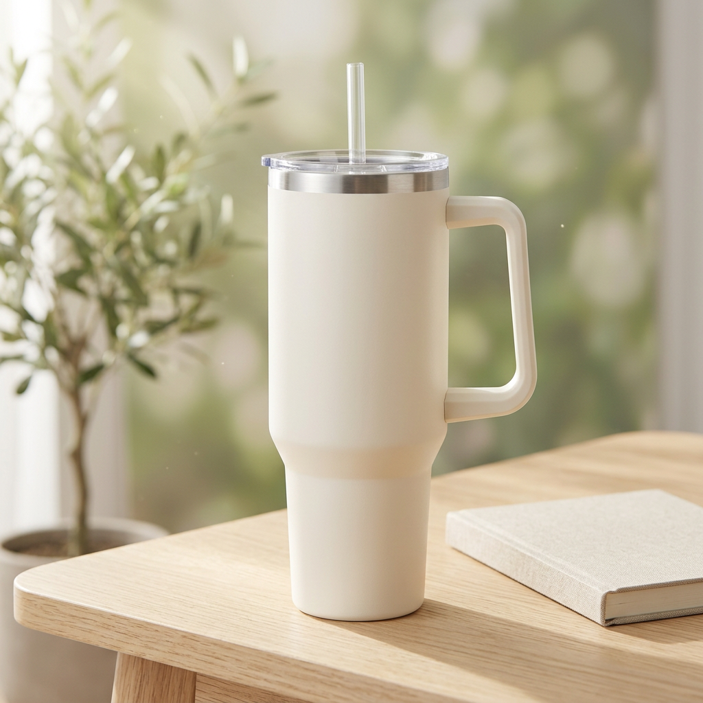 AI-generated lifestyle image of the white handled tumbler on an oak desk